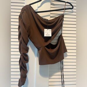 Zara brown one shoulder top, never worn with tags size S